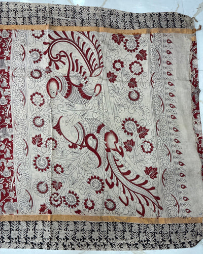 Beige Kalamkari Silk Saree, blouse